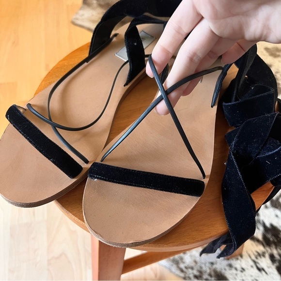 VALENTINO‎ GARAVANI Black Lace Up Leather Trimmed Velvet Sandals Size 36.5 - Picture 4 of 9